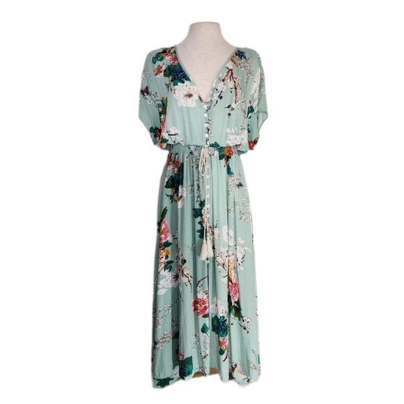 Amzplus Dress Floral Smocked Boho Tassled Tie Front Maxi Green Plus Size 3XL - Picture 15 of 15